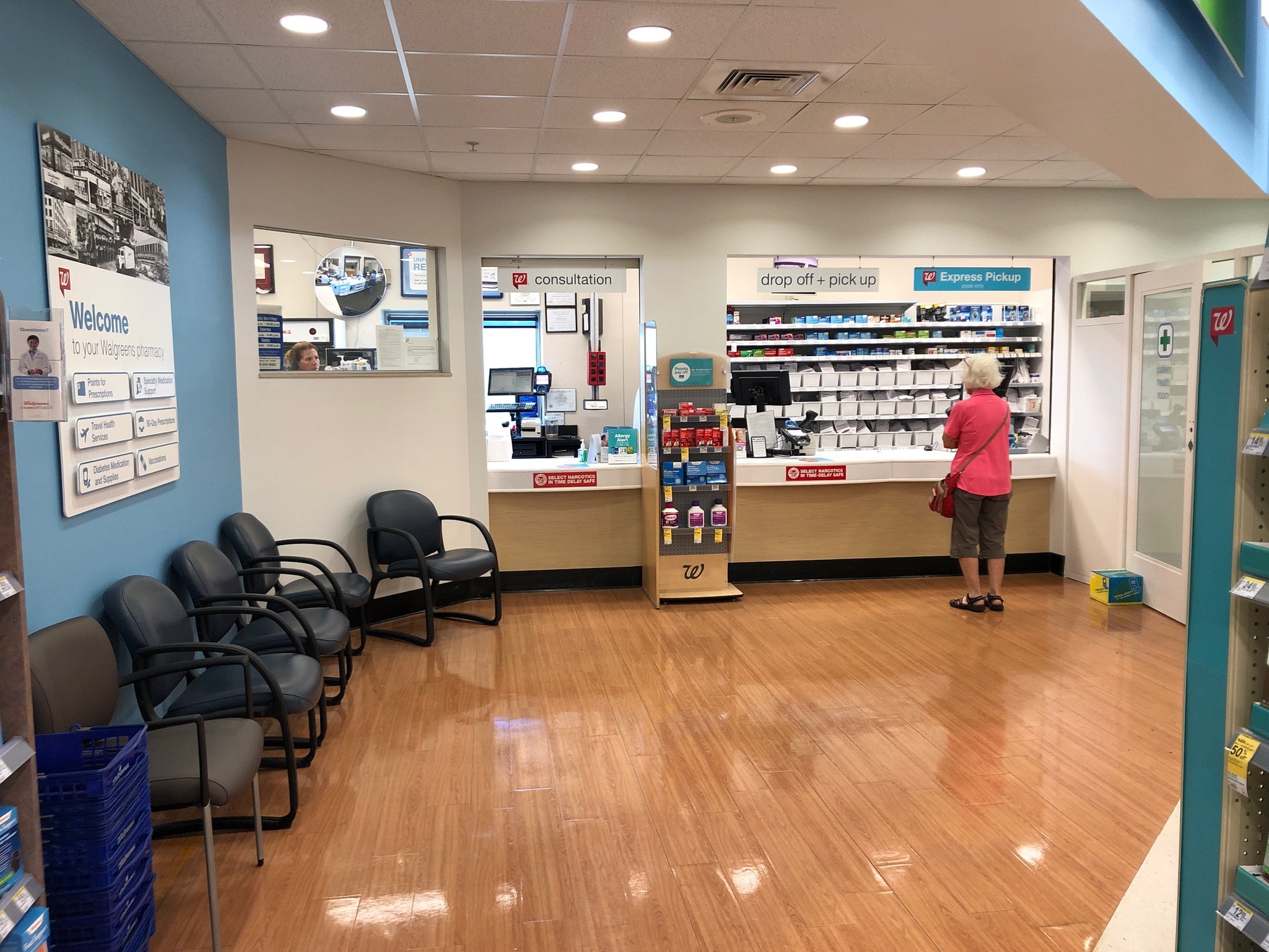Walgreens pharmacy — completed pharmacy floor with new hardwood, updated counters and signage